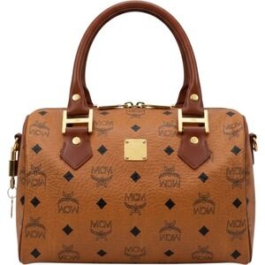MCM Visetos Boston Bag Cognac Monogram Mini Duffle Handbag Gold Hardware F4961